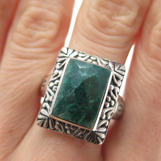 925 Sterling Silver Vintage Real Emerald Ornate Floral Oxidized Ring Size 8