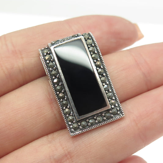 925 Sterling Silver Vintage Real Black Onyx & Marcasite Slide Pendant