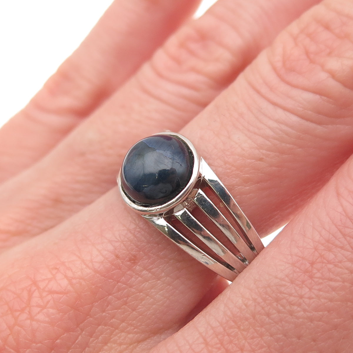 925 Sterling Silver Real Cabochon Sapphire Modernist 4-Row Ring Size 10