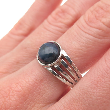 925 Sterling Silver Real Cabochon Sapphire Modernist 4-Row Ring Size 10