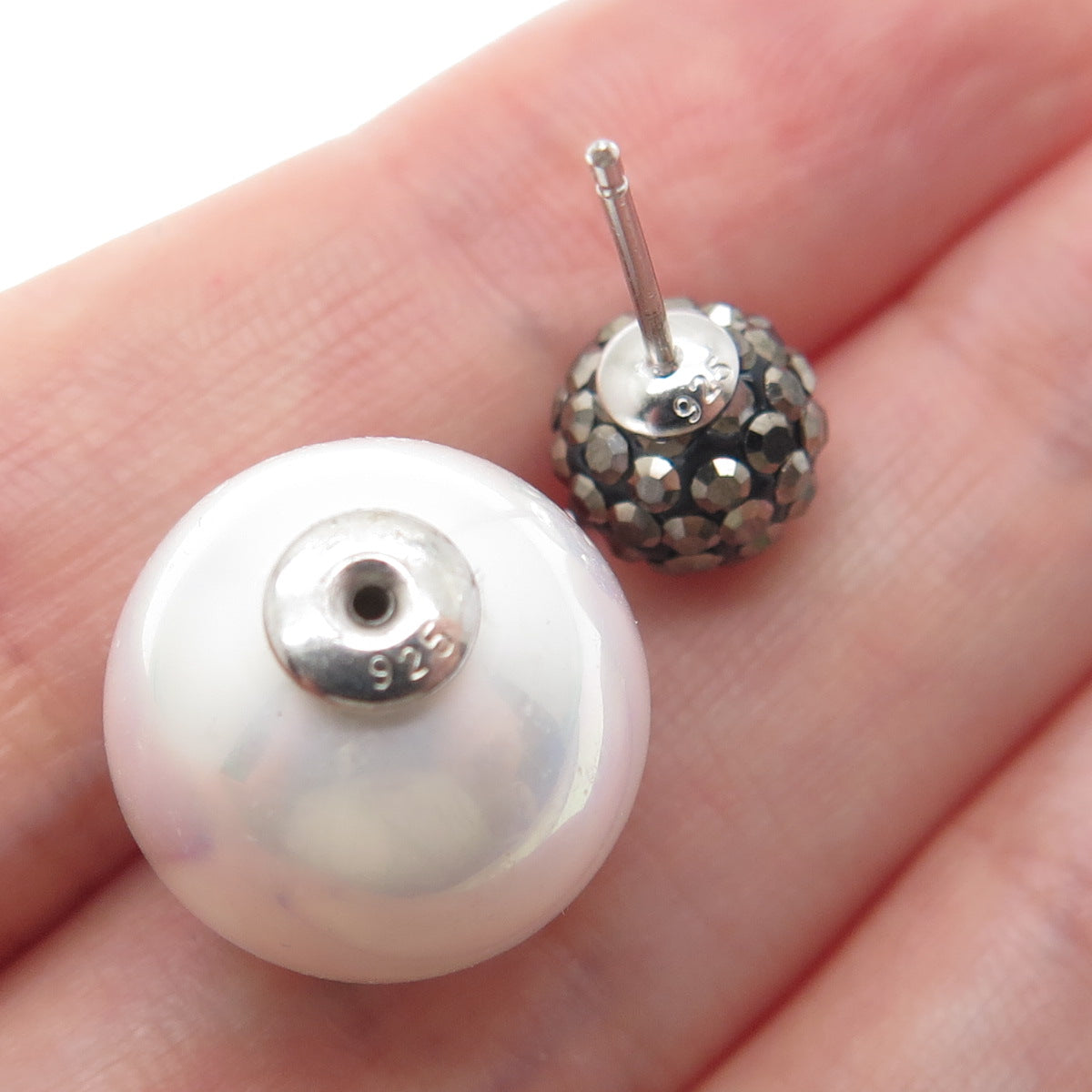 925 Sterling Silver Real Marcasite & Faux Pearl 10mm Double Sided Stud Earrings