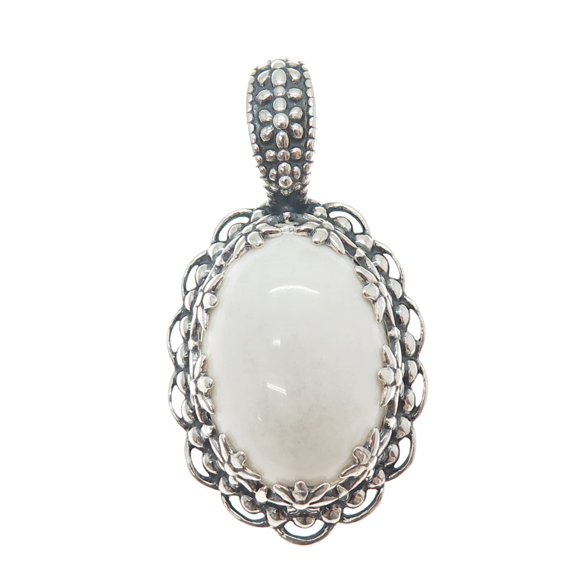 CAROLYN POLLACK Sterling Silver Vintage Real White Onyx Flower Oxidized Pendant