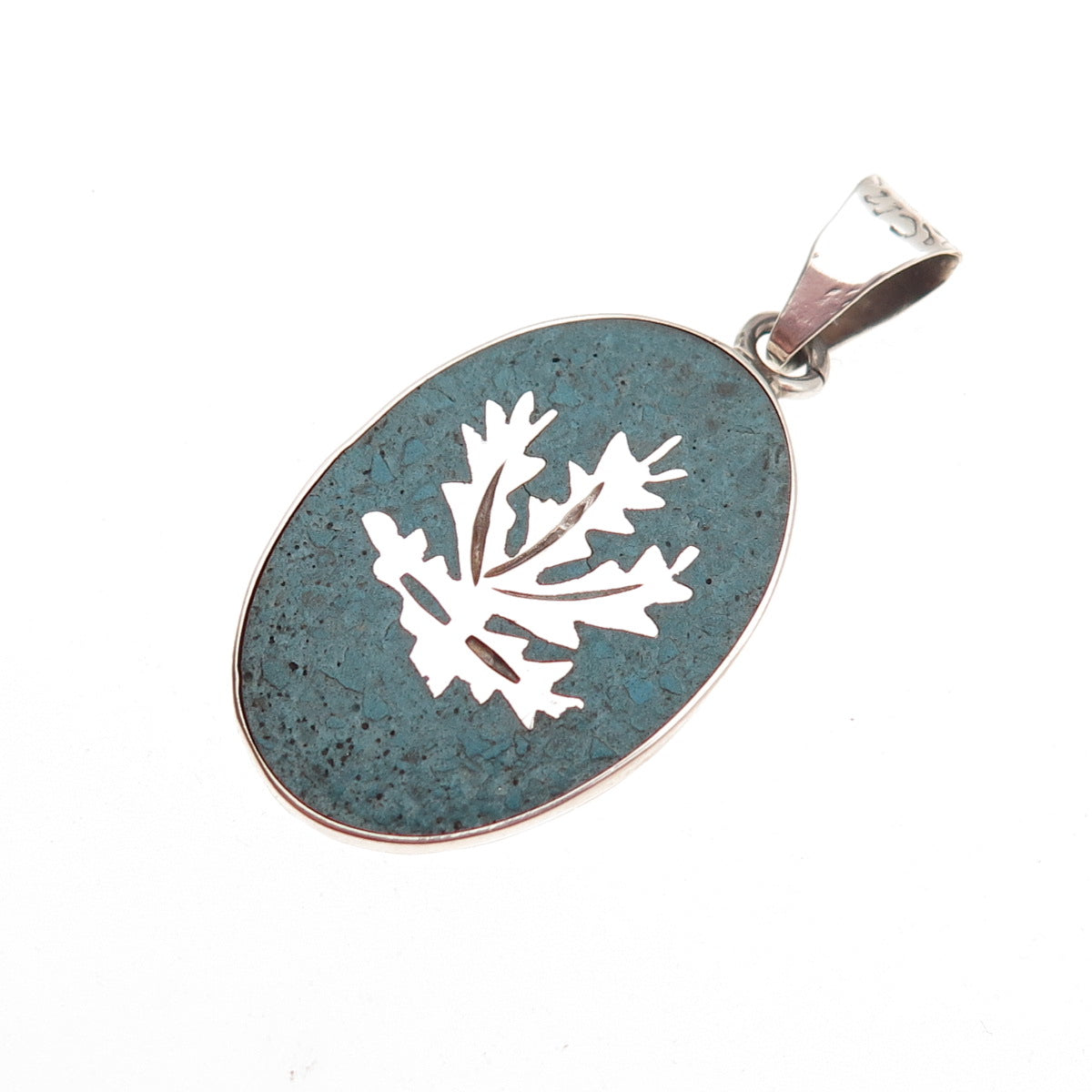 925 Sterling Silver Vintage Mexico Real Turquoise Inlay Cannabis Charm Pendant