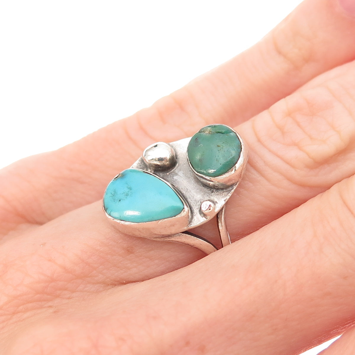Old Pawn 925 Sterling Silver Vintage Southwestern Multi-Turquoise Ring Size 5.75