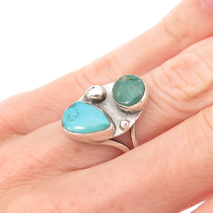 Old Pawn 925 Sterling Silver Vintage Southwestern Multi-Turquoise Ring Size 5.75
