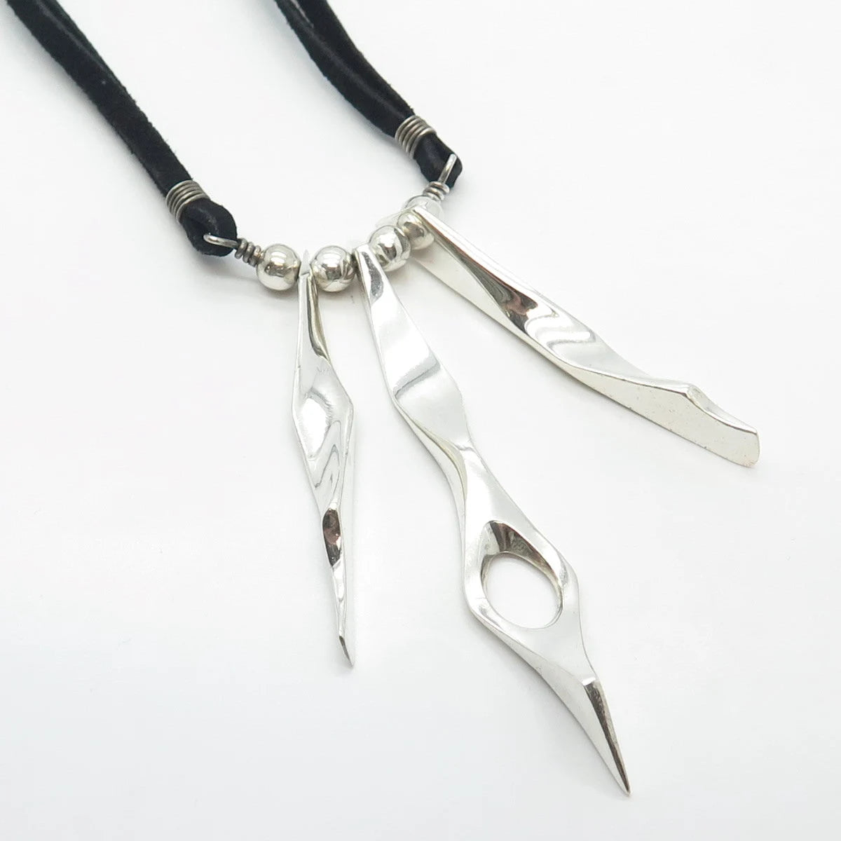 925 Sterling Silver Vintage Israel Modernist Triple Bar Leather Necklace 14"
