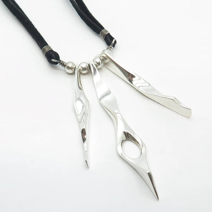 925 Sterling Silver Vintage Israel Modernist Triple Bar Leather Necklace 14"