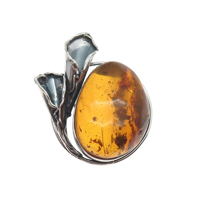 800 Silver Vintage Poland Real Amber Modernist Calla Lily Oxidized Pin Brooch