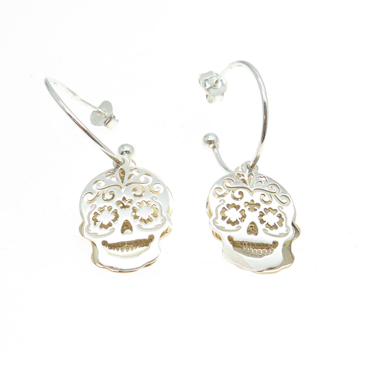 925 Sterling Silver 2-Tone Calavera Skull Dangling Charm Hoop Earrings