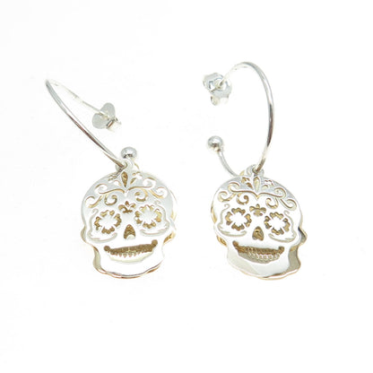 925 Sterling Silver 2-Tone Calavera Skull Dangling Charm Hoop Earrings