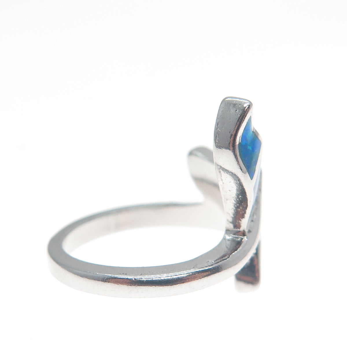 925 Sterling Silver Real Blue Opal Gemstone Whale's Tail Ring Size 5