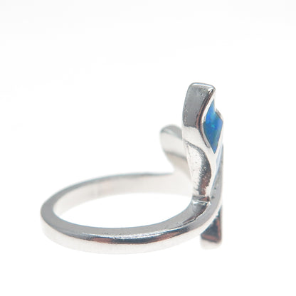 925 Sterling Silver Real Blue Opal Gemstone Whale's Tail Ring Size 5