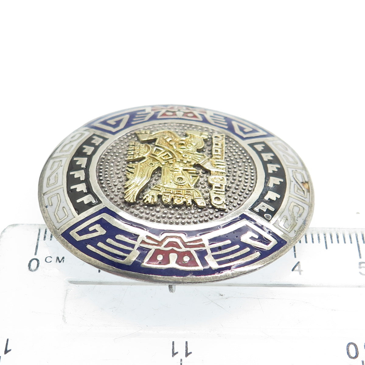 925 Sterling Silver & 18K Gold Vintage Peru Enamel Inca Deity Pin Pendant