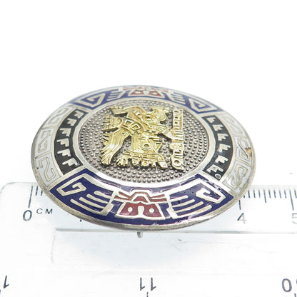 925 Sterling Silver & 18K Gold Vintage Peru Enamel Inca Deity Pin Pendant