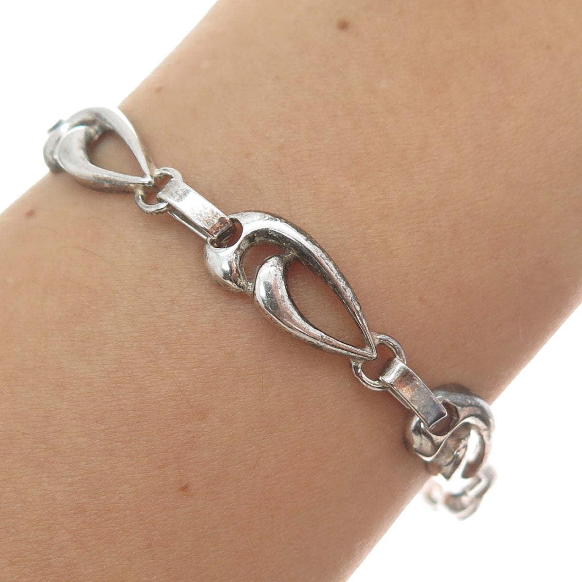 925 Sterling Silver Vintage Modernist Petal Link Oxidized Bracelet 7.5"