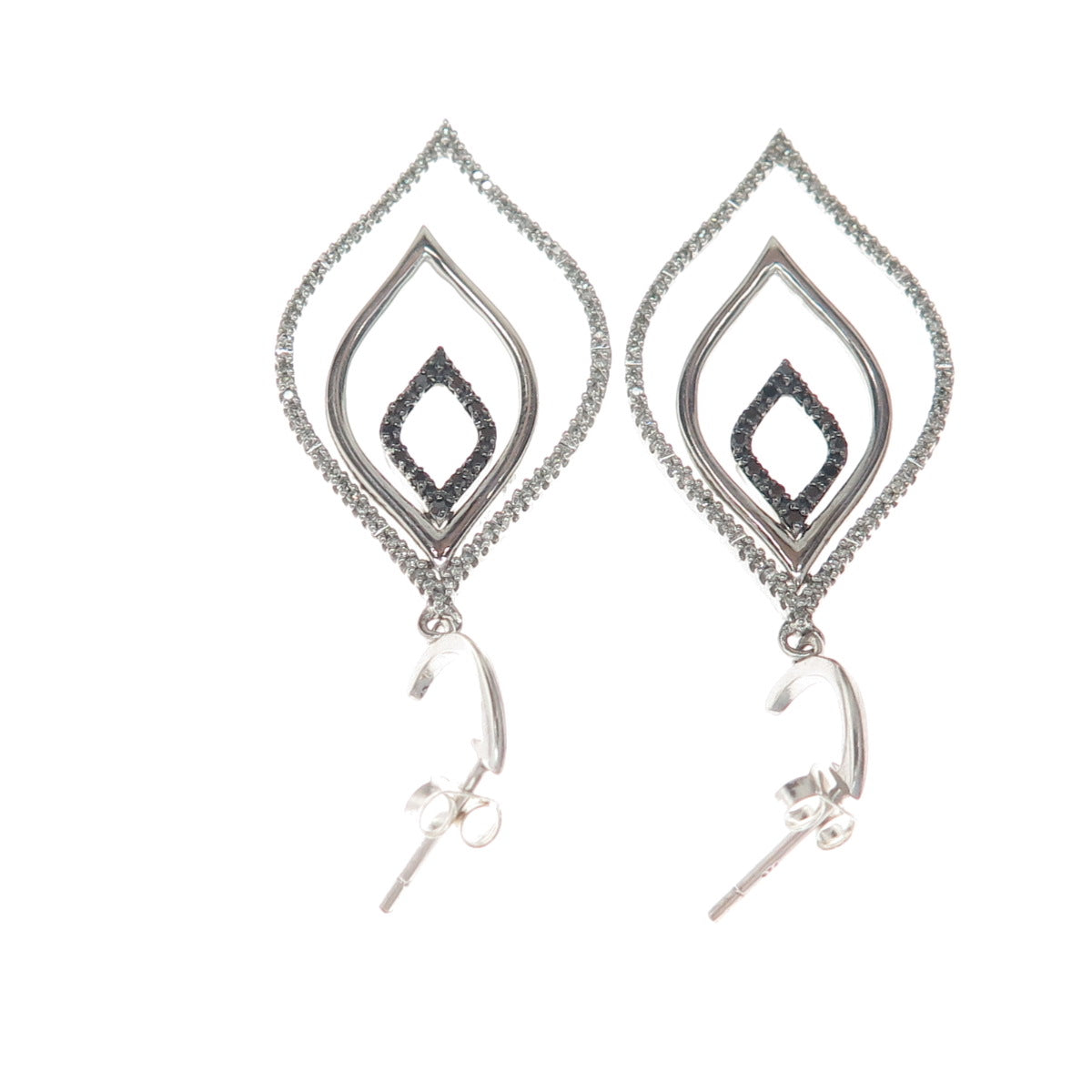 925 Sterling Silver Real Round-Cut Black & White Diamond Dangle Earrings
