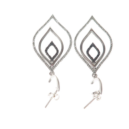 925 Sterling Silver Real Round-Cut Black & White Diamond Dangle Earrings
