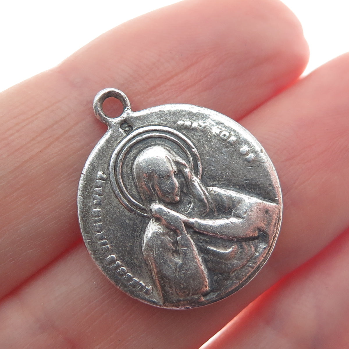 Sterling Silver Antique Jesus & St. Mary Religious Reversible Oxidized Pendant