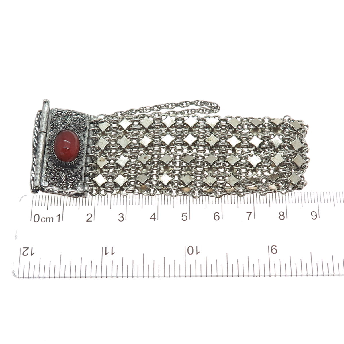 925 Sterling Silver Antique Real Carnelian Filigree Mesh Link Bracelet 6.75"