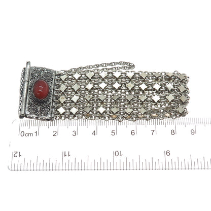 925 Sterling Silver Antique Real Carnelian Filigree Mesh Link Bracelet 6.75"