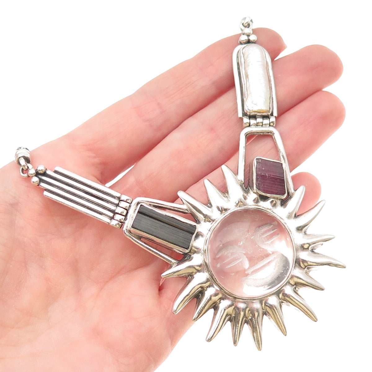 950 Silver Vintage Peru Rock Crystal Pearl & Multi-Tourmaline Sun Necklace 20"
