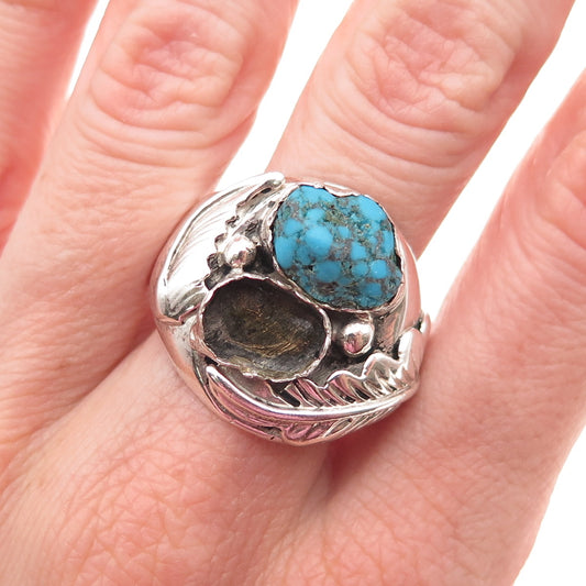 Old Pawn 925 Sterling Vintage Turquoise Feather Ring Size 13 (missing 1 stone)