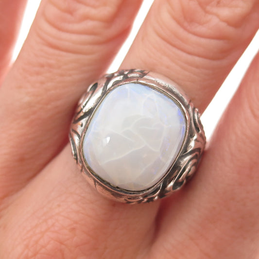 925 Sterling Silver Vintage Real Opal Floral Oxidized Ring Size 11