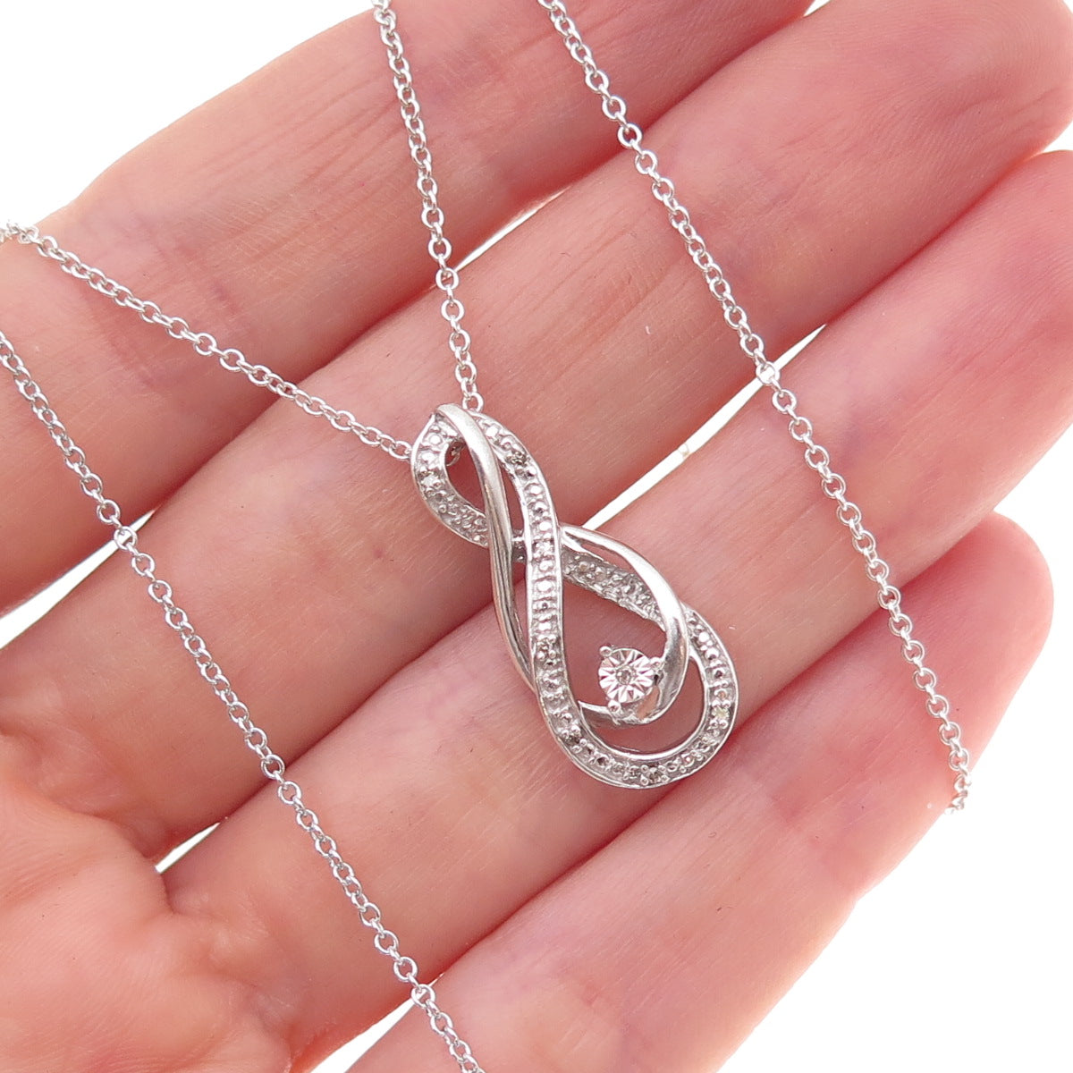 925 Sterling Silver Real Round-Cut Diamond Infinity Cable Chain Necklace 18"