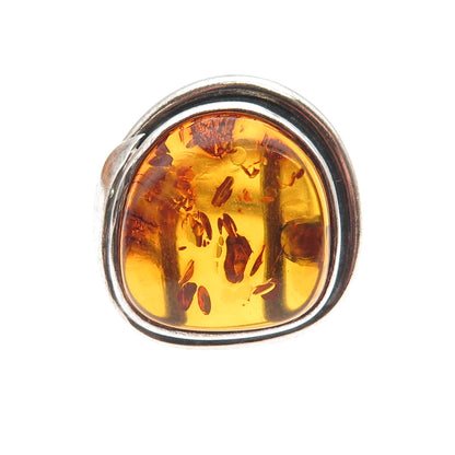 925 Sterling Vintage Poland Real Amber Modernist Adjustable Ring Size 8.75