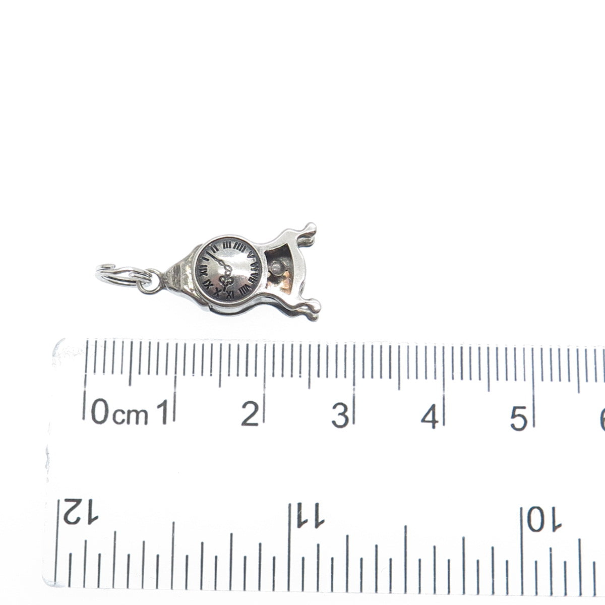 800 Silver Antique Retro Mantle Clock Oxidized Minimalist 3D Charm Pendant