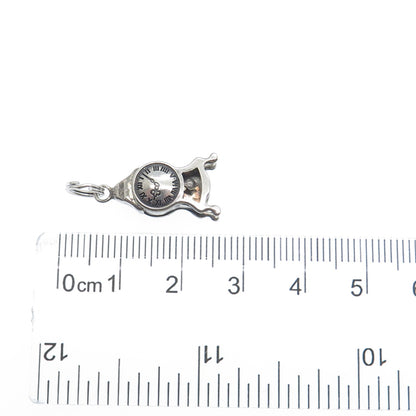 800 Silver Antique Retro Mantle Clock Oxidized Minimalist 3D Charm Pendant