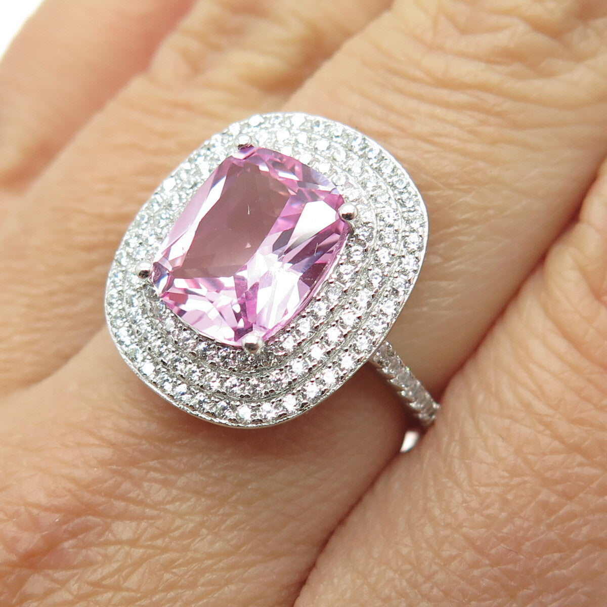 DSMK 925 Sterling Silver Lab-Created Pink Sapphire & C Z Ring Size 7.25