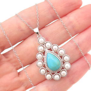 925 Sterling Silver Real Turquoise & Pearl Teardrop Cable Chain Necklace 18"