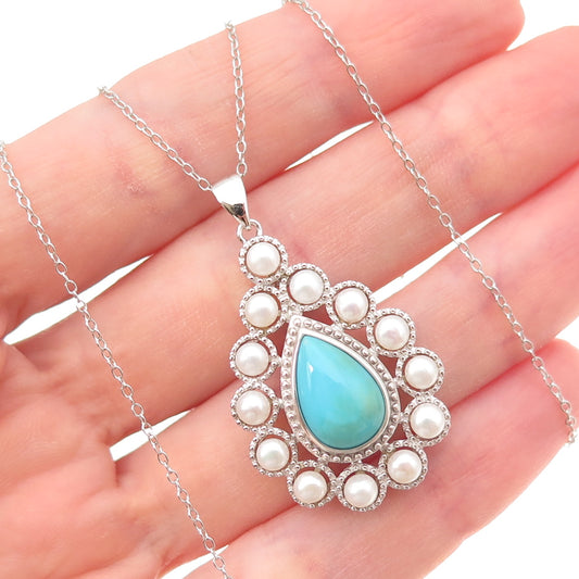 925 Sterling Silver Real Turquoise & Pearl Teardrop Cable Chain Necklace 18"