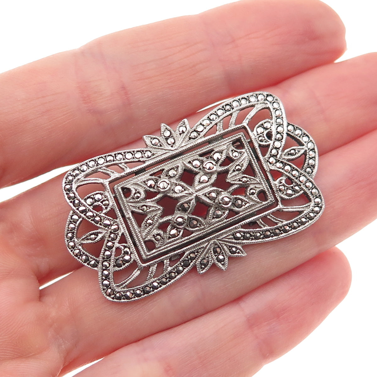 925 Sterling Silver Antique Art Deco Real Marcasite Floral Oxidized Pin Brooch