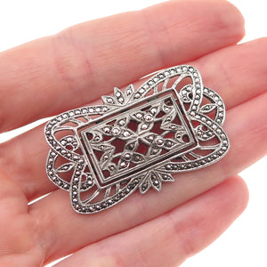 925 Sterling Silver Antique Art Deco Real Marcasite Floral Oxidized Pin Brooch