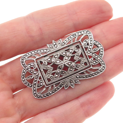 925 Sterling Silver Antique Art Deco Real Marcasite Floral Oxidized Pin Brooch