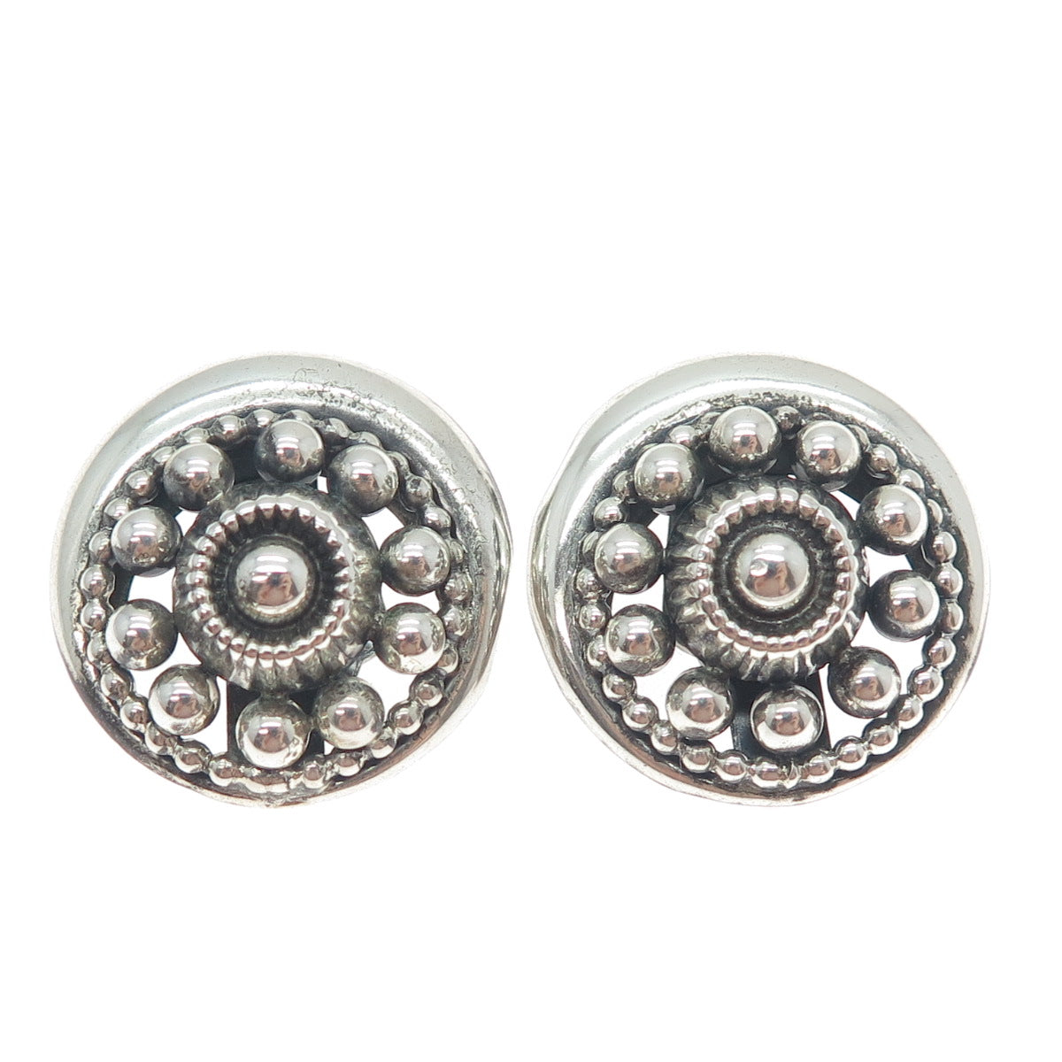 DANECRAFT 925 Sterling Silver Antique Art Deco Beaded Oxidized Clip On Earrings