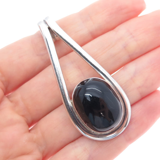 925 Sterling Silver Vintage Real Black Onyx Modernist Teardrop Slide Pendant