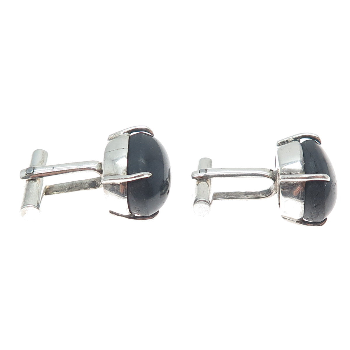 925 Sterling Silver Vintage Real Cabochon Black Obsidian Cufflinks