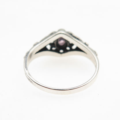 925 Sterling Silver Vintage Oval-Cut Lavender C Z Flower Oxidized Ring Size 6