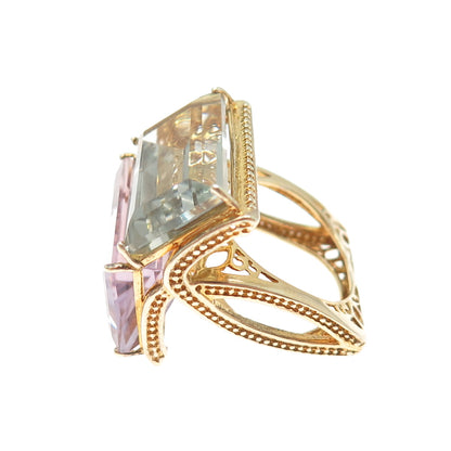 925 Sterling Gold Plated Real Emerald-Cut Green & Purple Amethyst Ring Size 7.25
