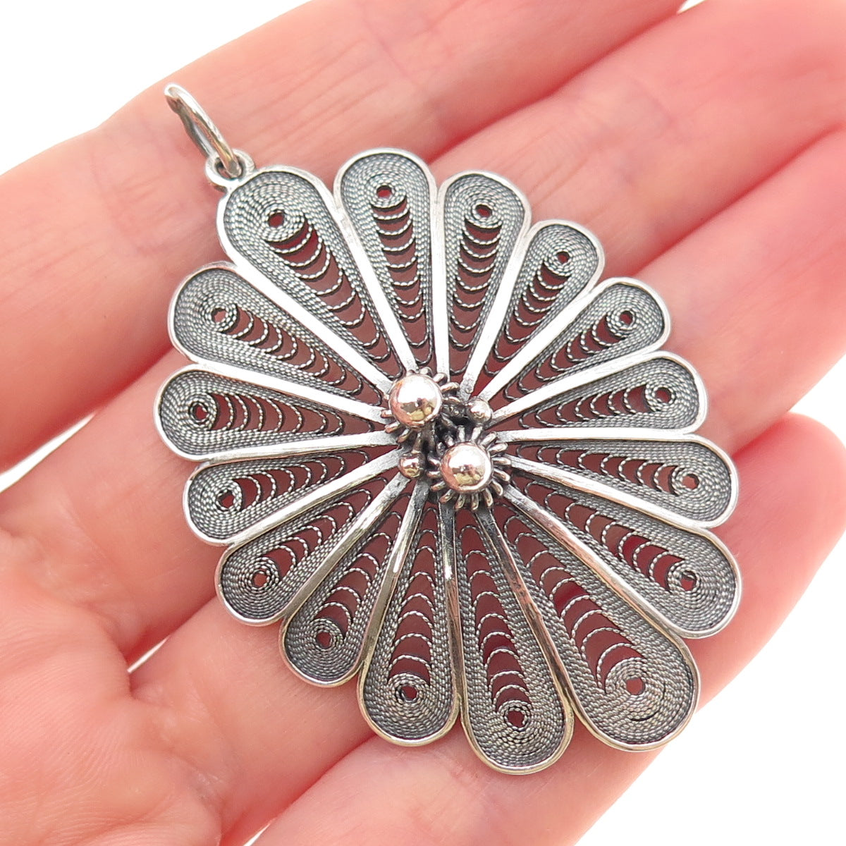900 Silver Vintage European Cannetille Filigree Floral Oxidized Charm Pendant