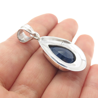 925 Sterling Silver Vintage Real Pear-Cut Sapphire Teardrop Charm Pendant