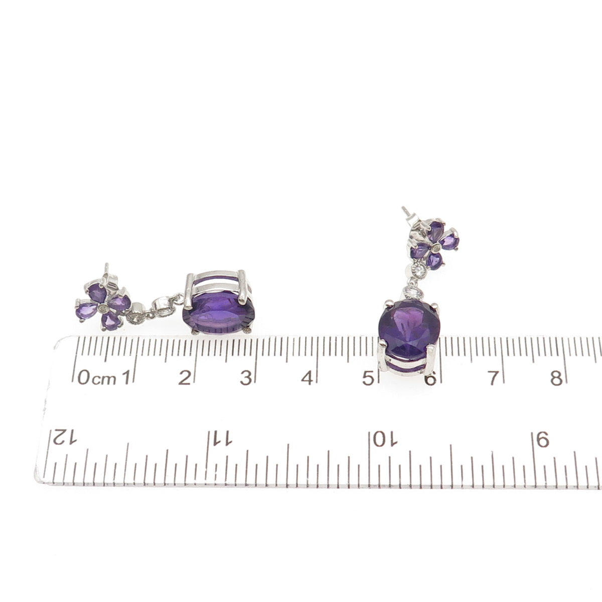 925 Sterling Silver Vintage Real Amethyst & C Z Dangle Earrings