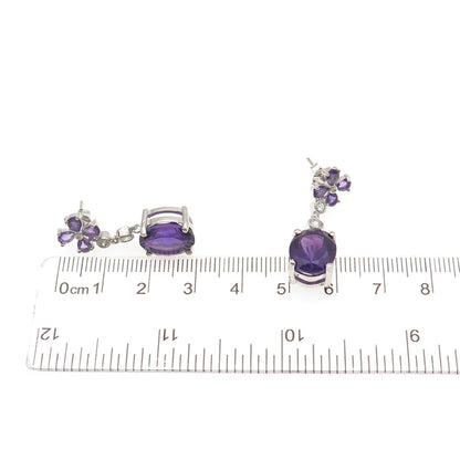 925 Sterling Silver Vintage Real Amethyst & C Z Dangle Earrings