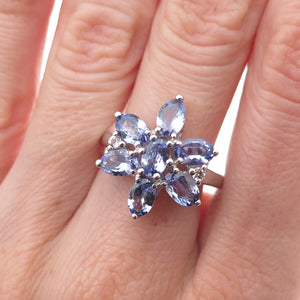 925 Sterling Silver Real Tanzanite & White Topaz Floral Ring Size 8