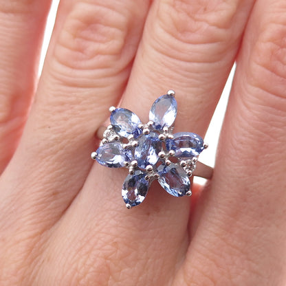 925 Sterling Silver Real Tanzanite & White Topaz Floral Ring Size 8