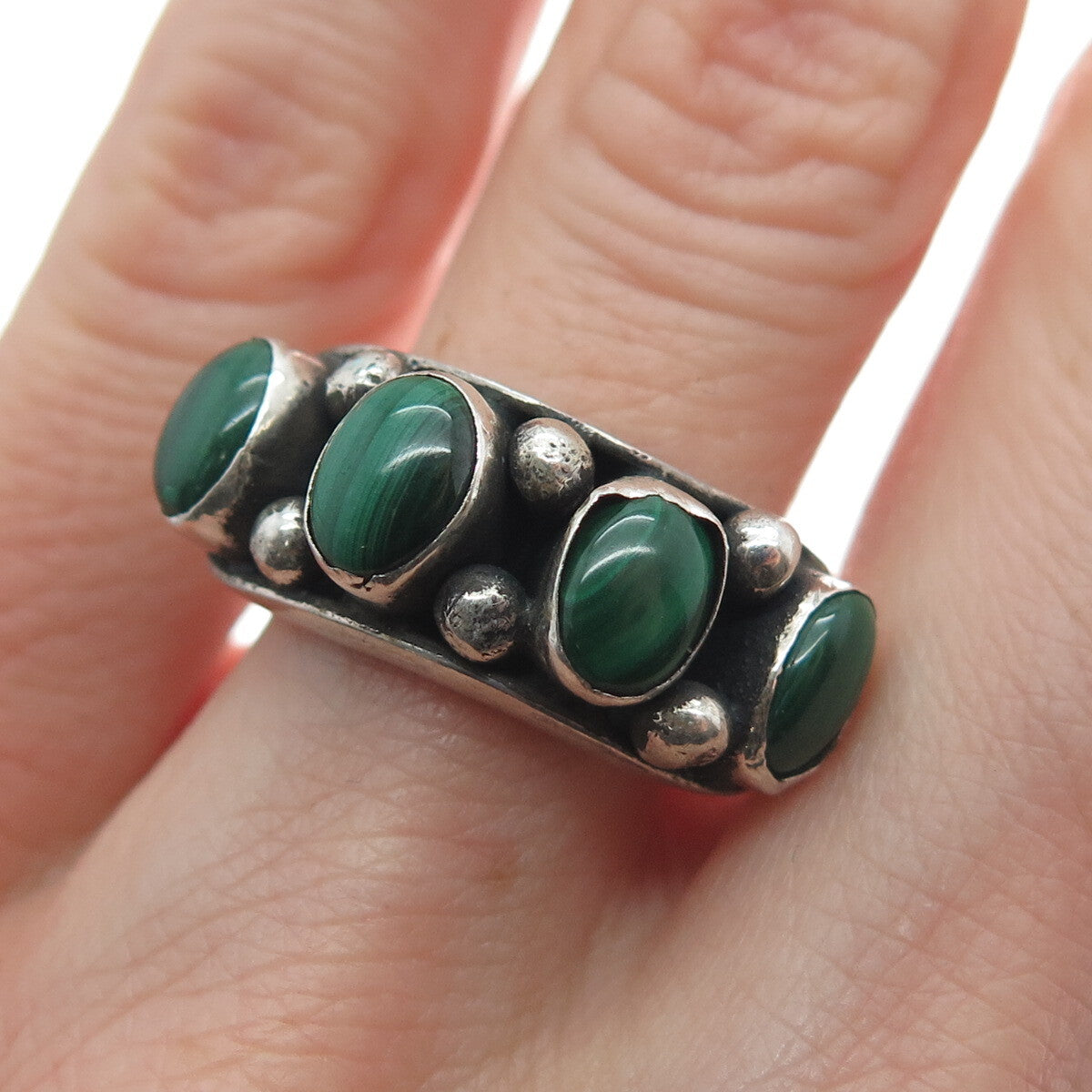 925 Sterling Silver Vintage Real Malachite Beaded Oxidized Ring Size 6.5