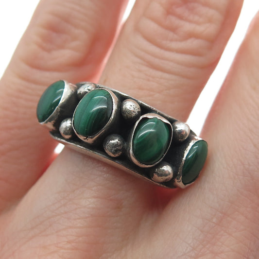 925 Sterling Silver Vintage Real Malachite Beaded Oxidized Ring Size 6.5
